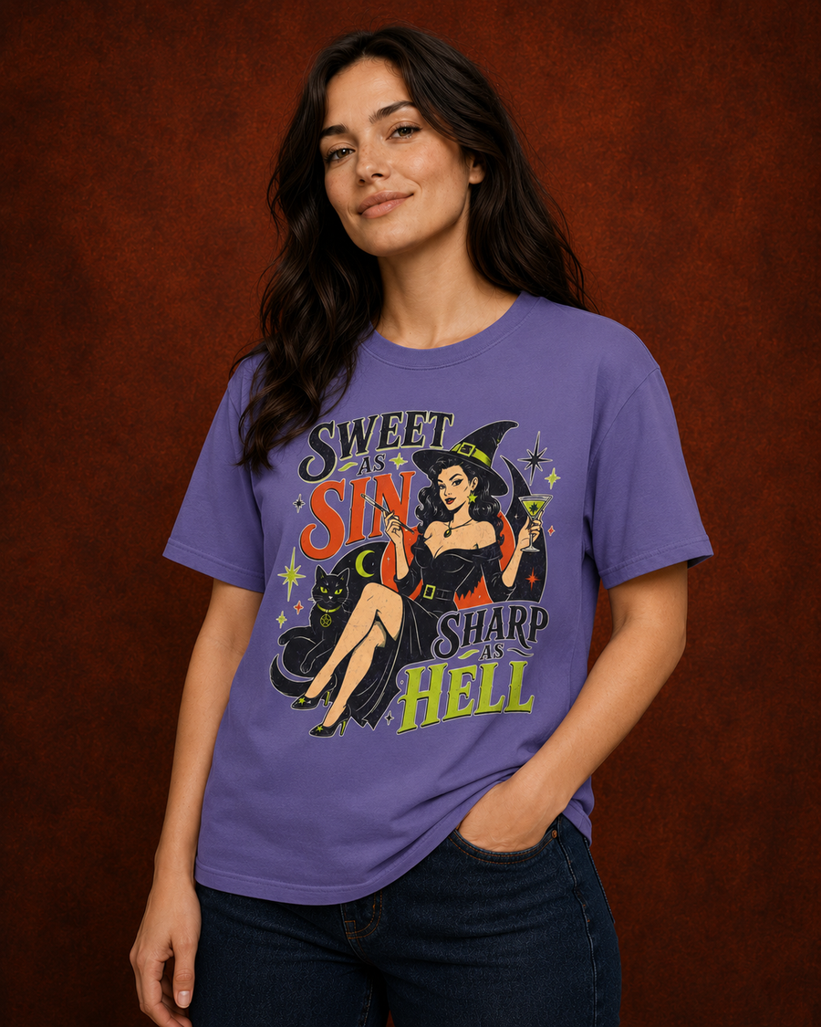 Funny Witch Shirt, Retro Halloween Tee, Sweet as Sin Sharp as Hell Shirt, Vintage Witch Graphic, Comfort Colors Spooky Season Tee