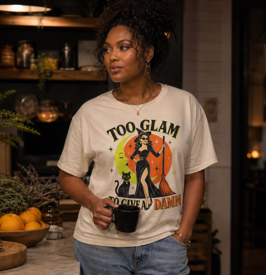 Too Glam To Give a Damn T-Shirt | Witch Pinup Cat Retro Halloween