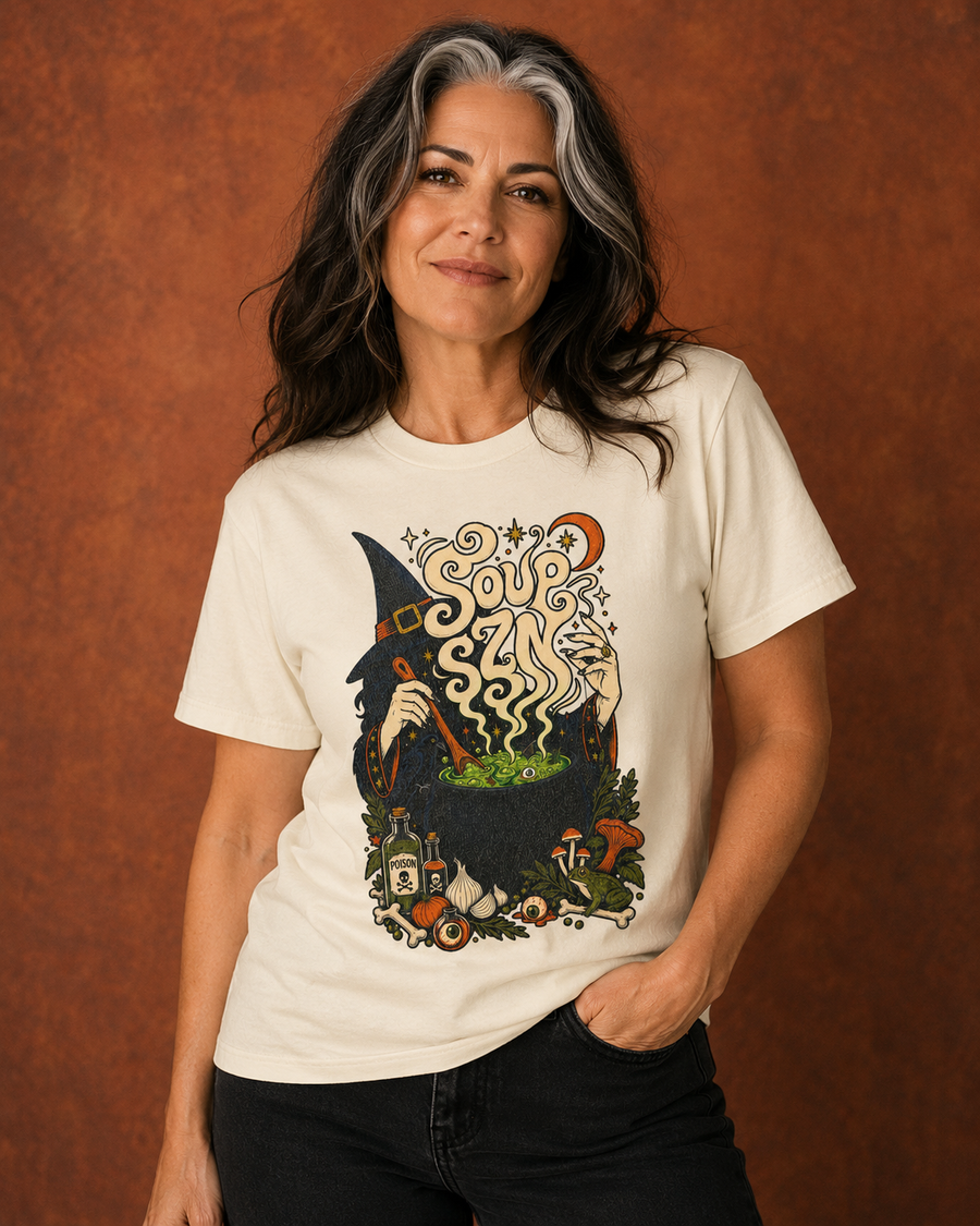 Witch Cauldron Tee — "Soup Szn" Cozy Witch Graphic Shirt