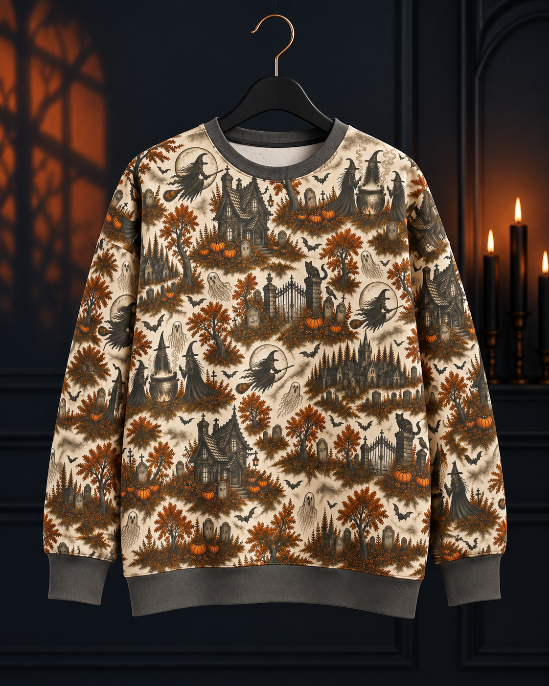 Witchy Village All-Over Print Sweatshirt — Haunted House Halloween Crewneck