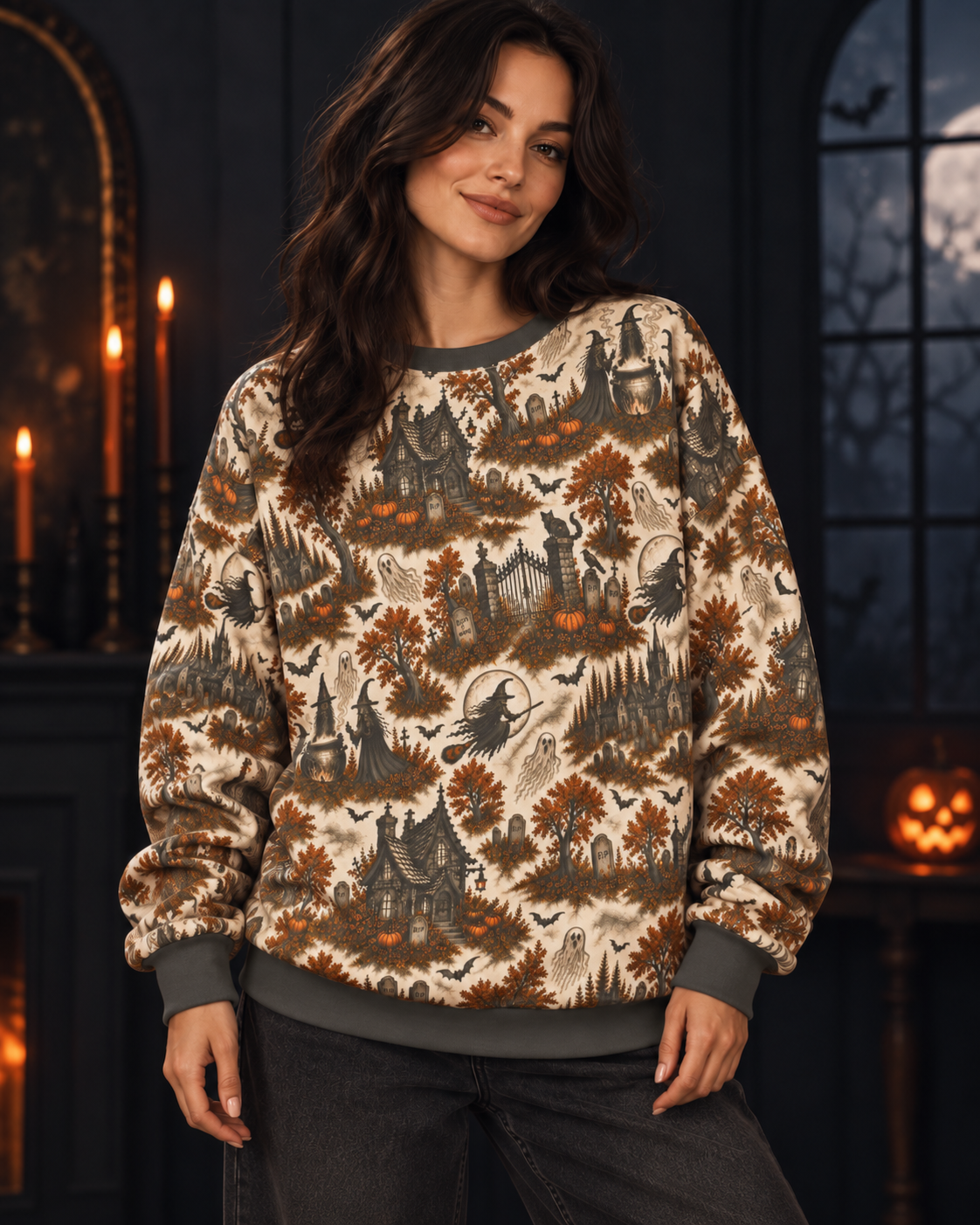 Witchy Village All-Over Print Sweatshirt — Haunted House Halloween Crewneck