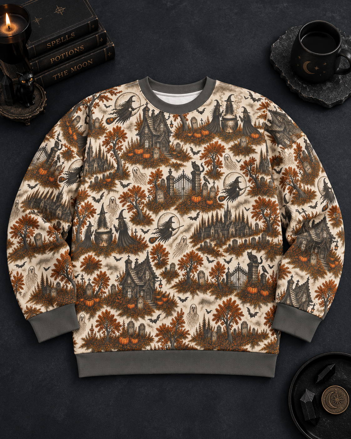 Witchy Village All-Over Print Sweatshirt — Haunted House Halloween Crewneck