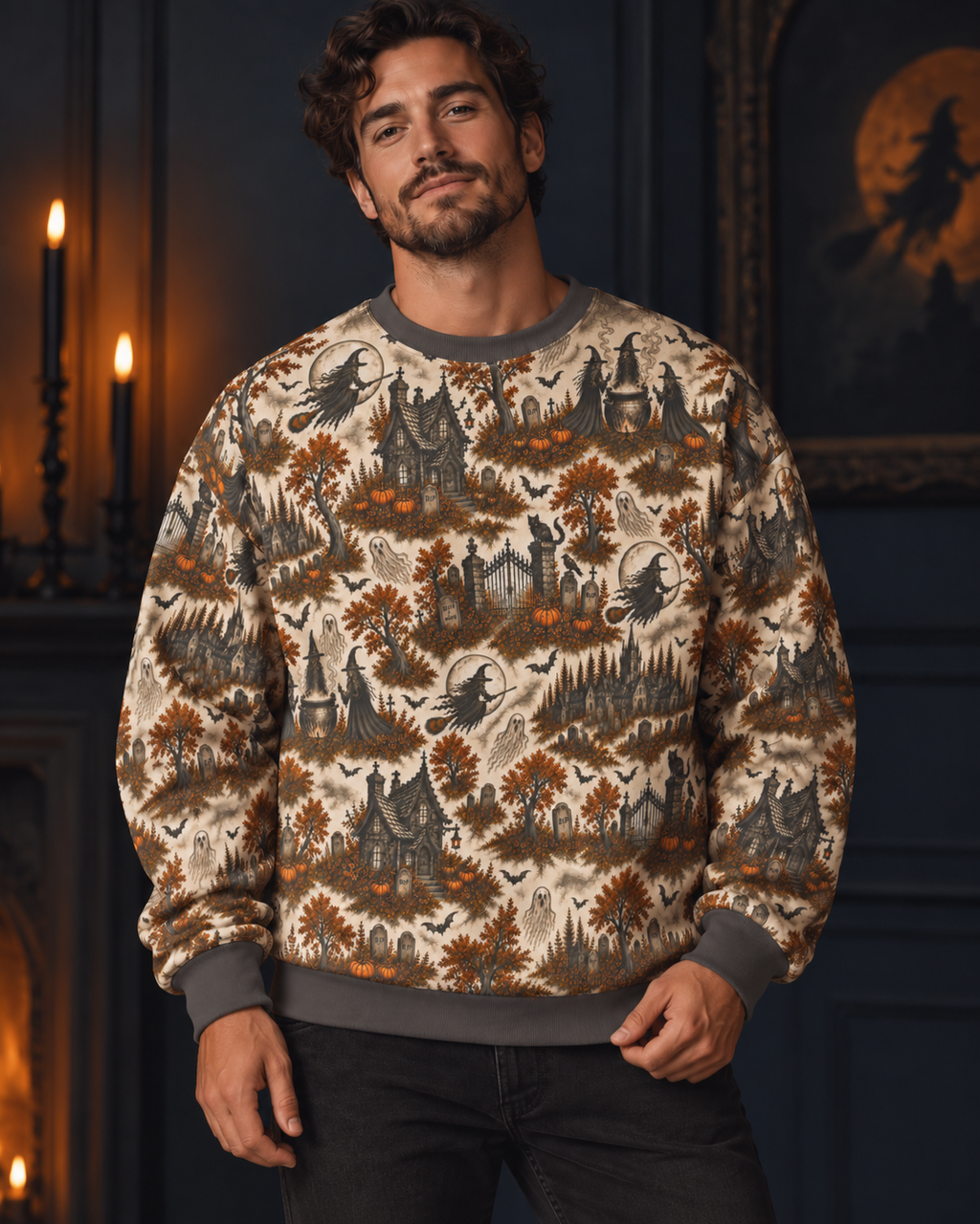 Witchy Village All-Over Print Sweatshirt — Haunted House Halloween Crewneck