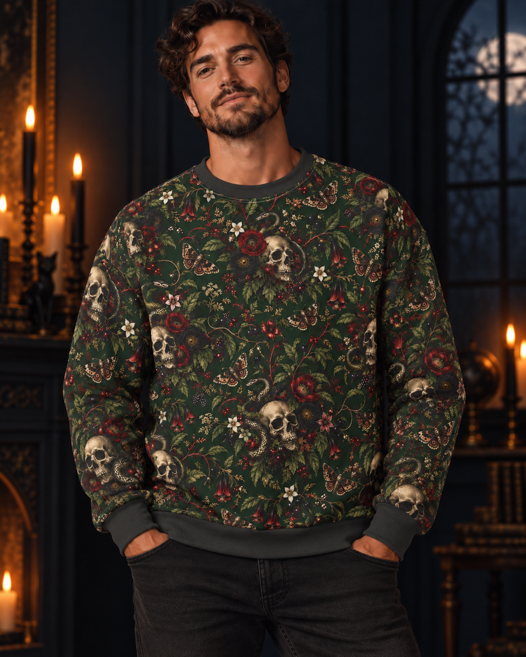 Skull & Rose Pattern Sweatshirt — Gothic Floral All-Over Print