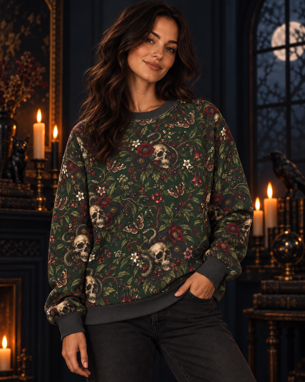 Skull & Rose Pattern Sweatshirt — Gothic Floral All-Over Print