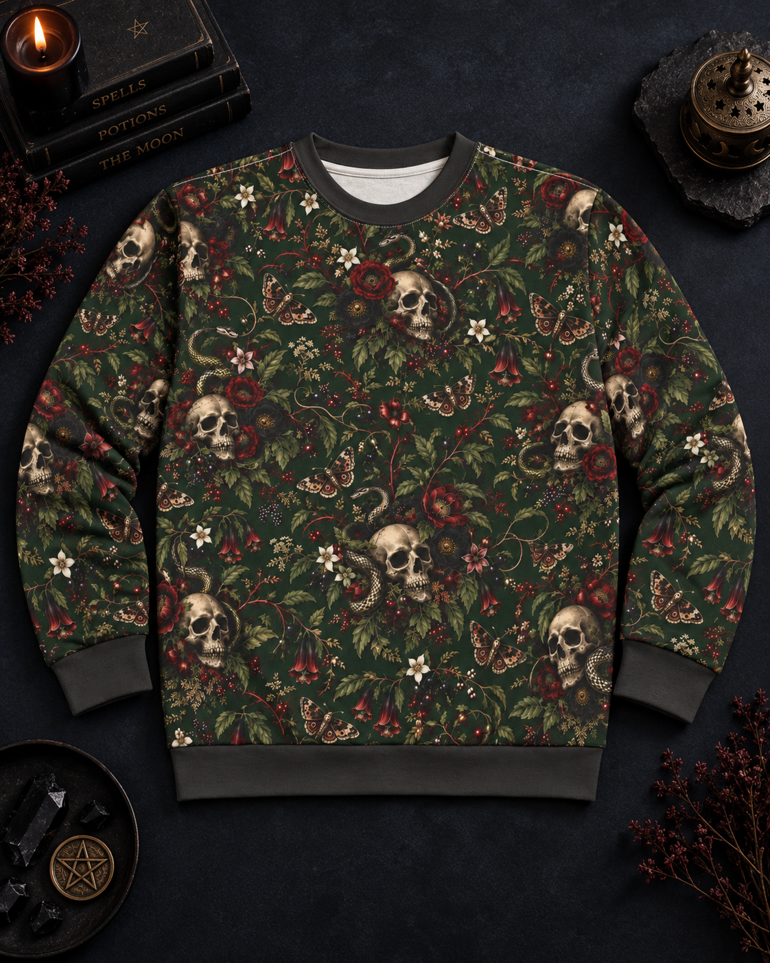 Skull & Rose Pattern Sweatshirt — Gothic Floral All-Over Print