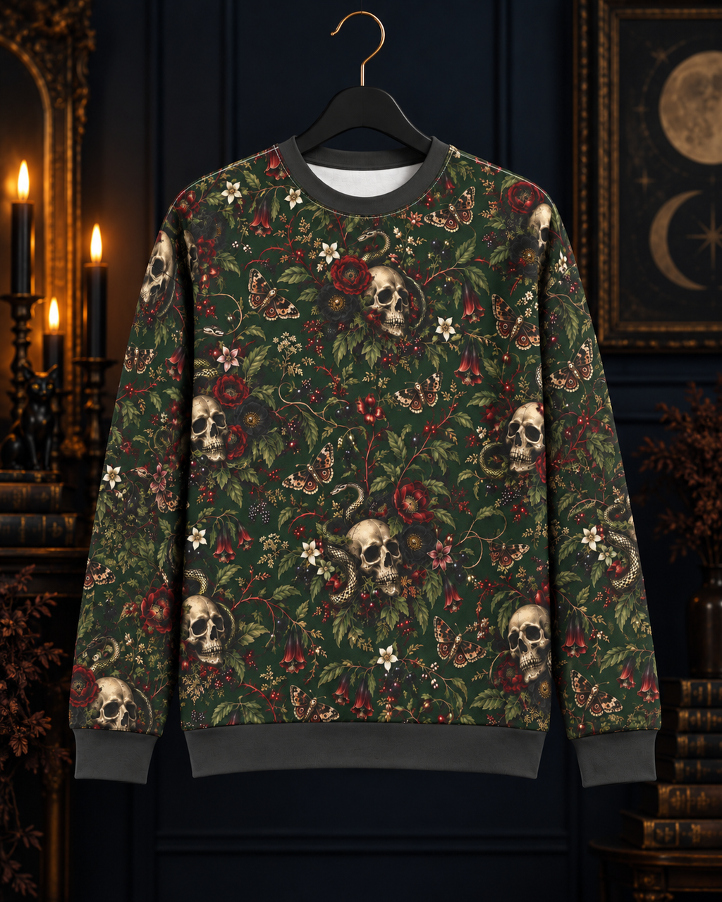 Skull & Rose Pattern Sweatshirt — Gothic Floral All-Over Print