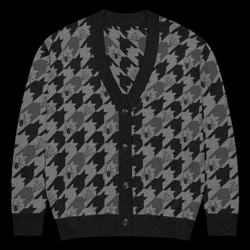 Unisex Halloween Cardigan, Houndstooth Spider Pattern Knit Sweater