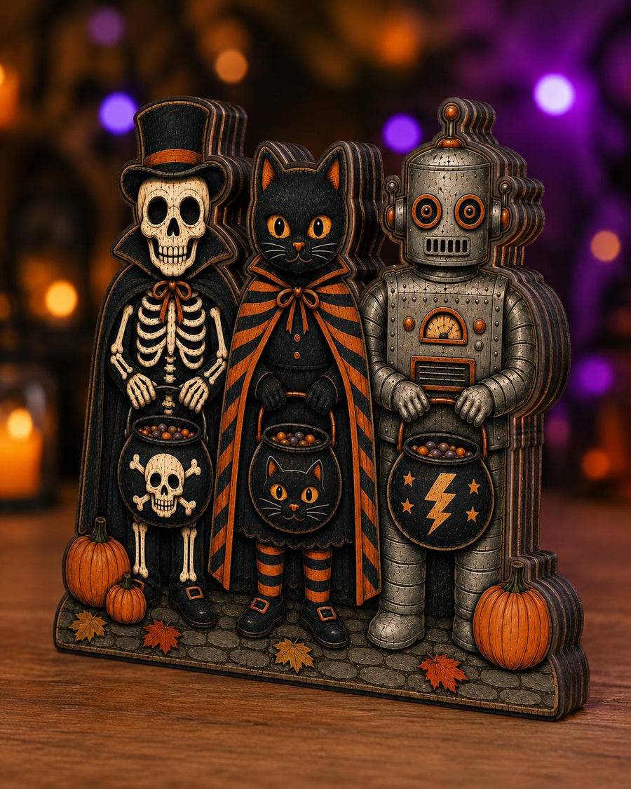 Skeleton, Black Cat &amp; Robot Trick or Treaters Wood Standee