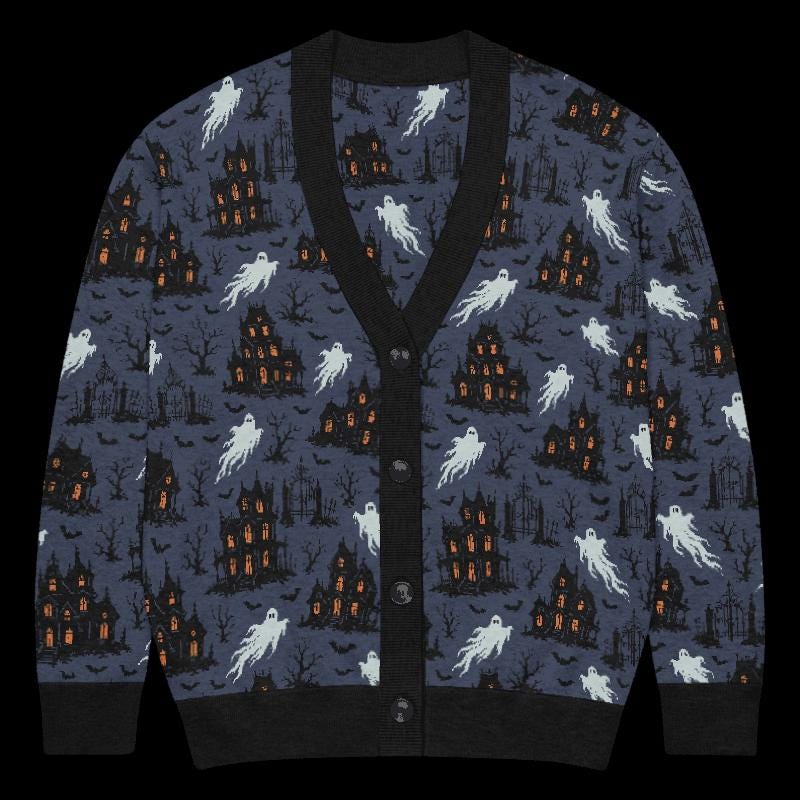 Unisex Halloween Cardigan, Spooky Haunted House Ghost Knit Sweater