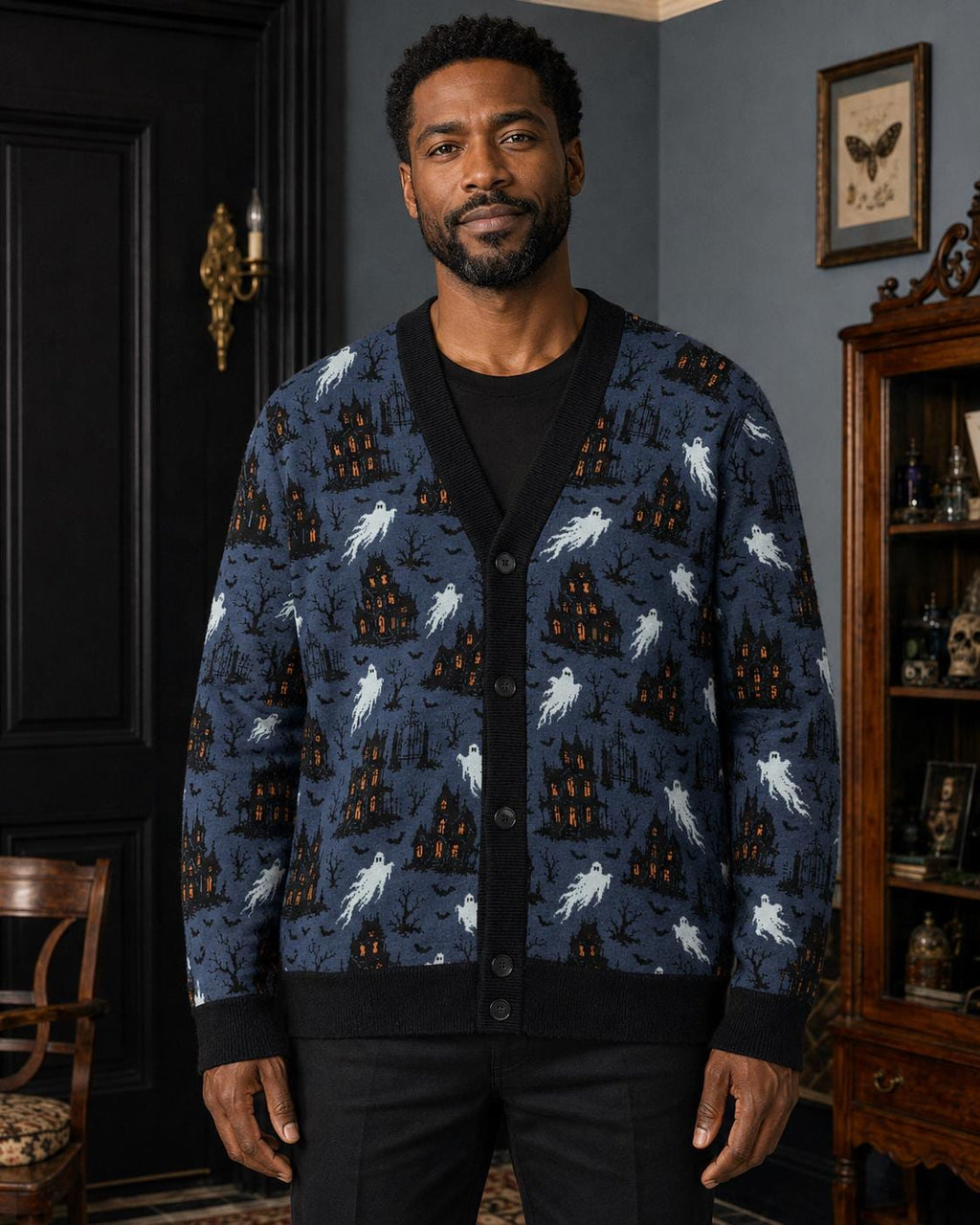 Unisex Halloween Cardigan, Spooky Haunted House Ghost Knit Sweater