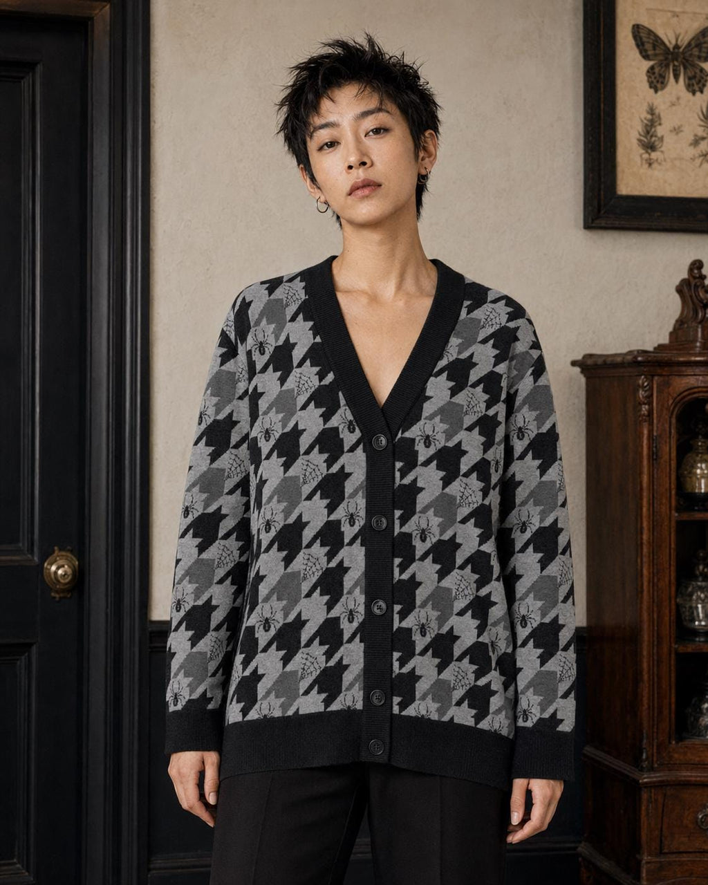 Unisex Halloween Cardigan, Houndstooth Spider Pattern Knit Sweater