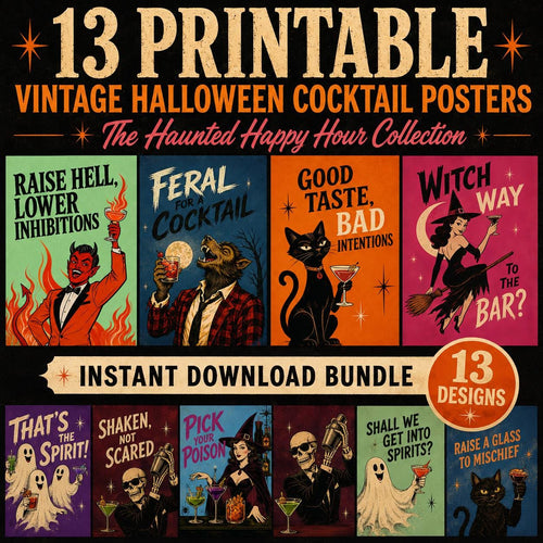 13 Printable Halloween Posters, Vintage Cocktail Wall Art Bundle, Retro Bar Decor, Instant Download