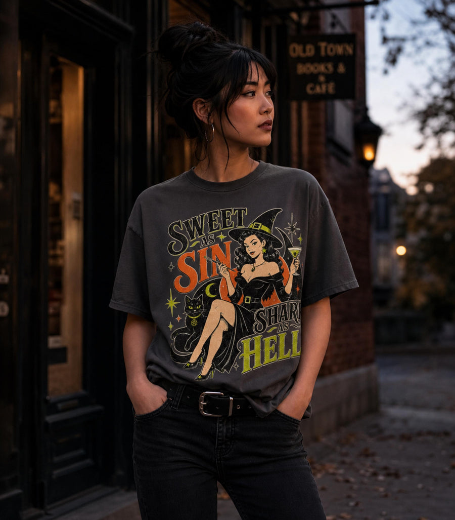 Funny Witch Shirt, Retro Halloween Tee, Sweet as Sin Sharp as Hell Shirt, Vintage Witch Graphic, Comfort Colors Spooky Season Tee