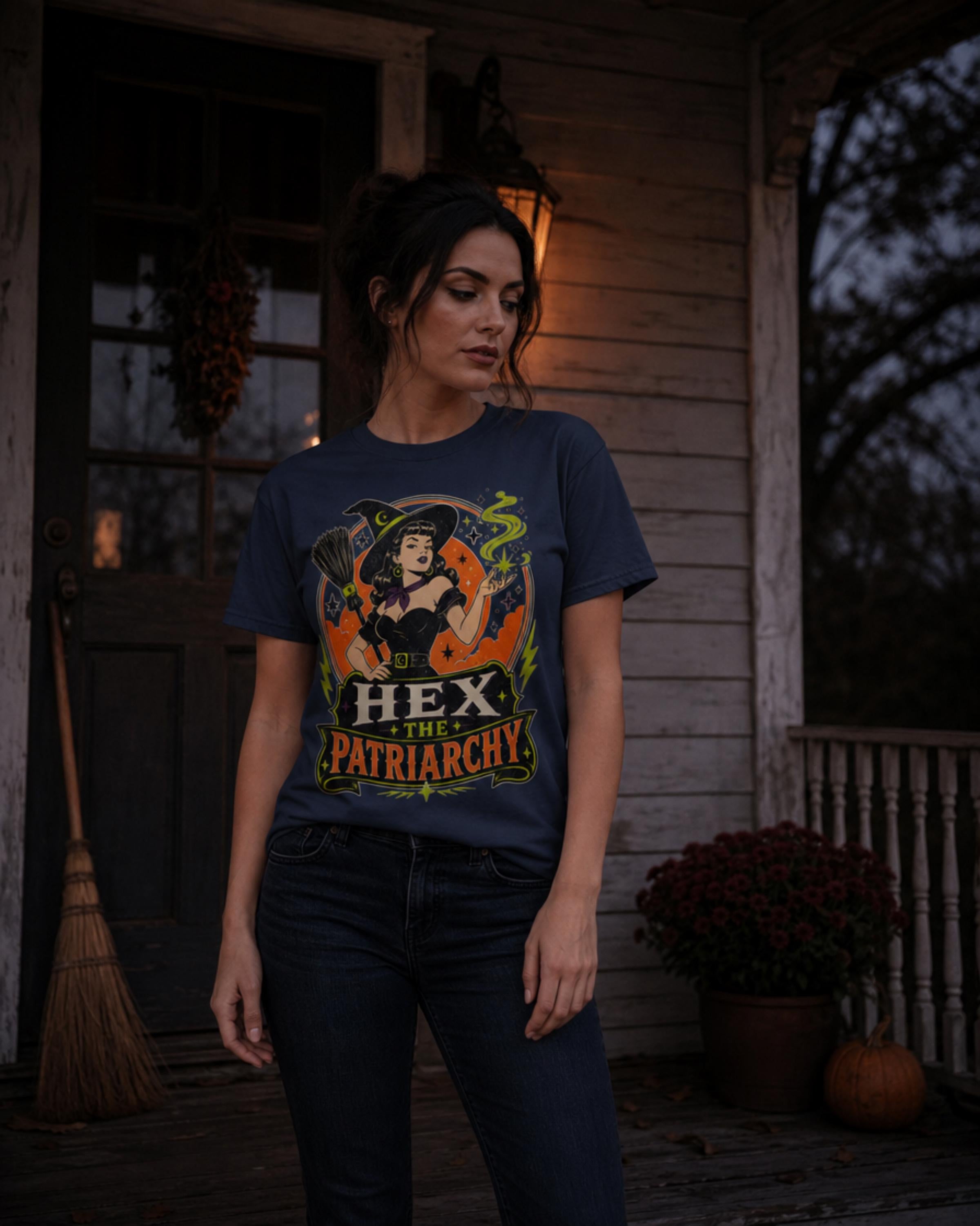 Hex the Patriarchy Witch T-Shirt | Feminist Retro Witch Graphic Tee