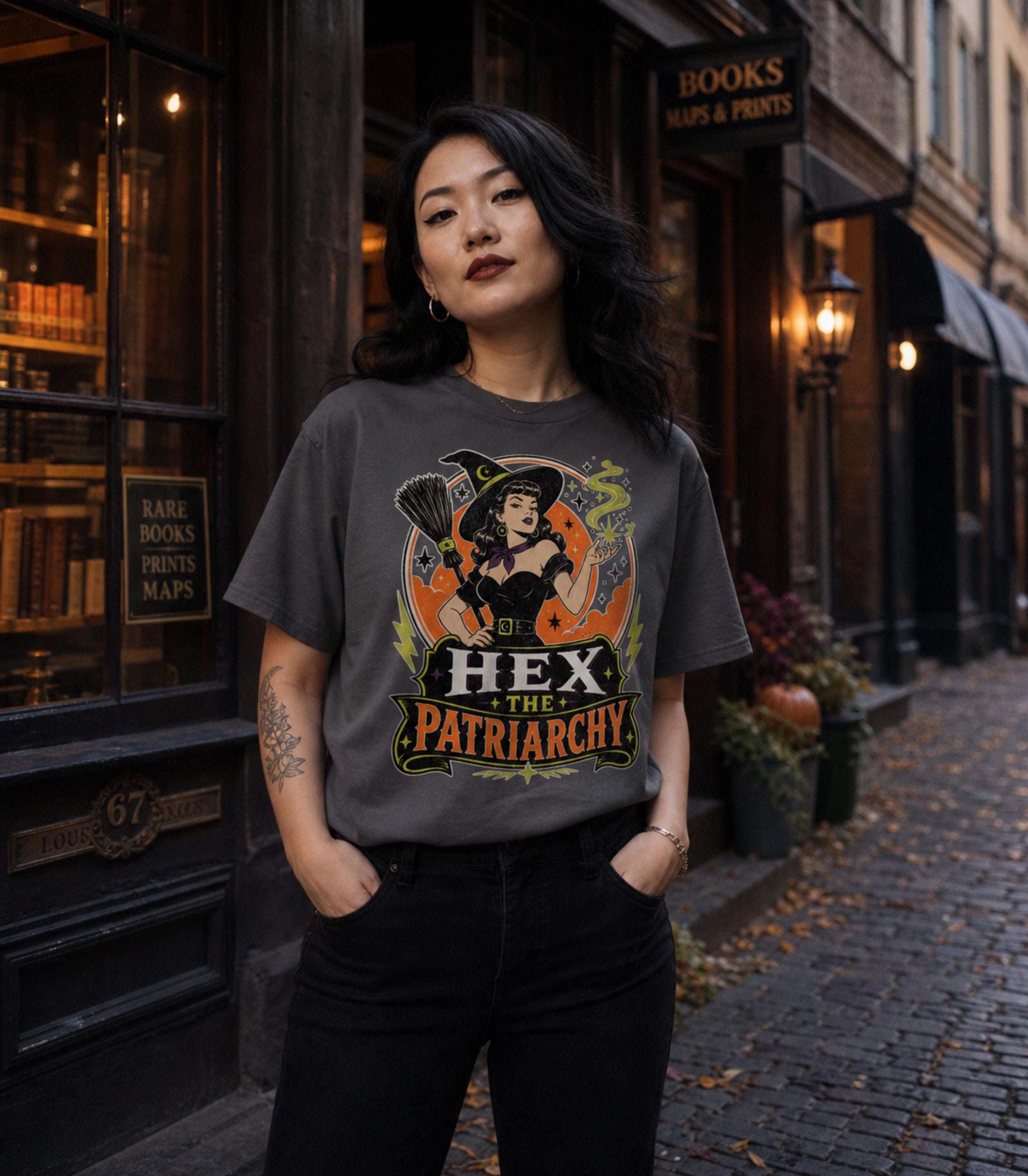 Hex the Patriarchy Witch T-Shirt | Feminist Retro Witch Graphic Tee