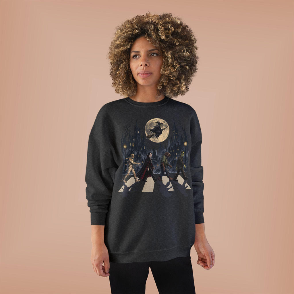 Halloween Monsters Abbey Crossing Crewneck Sweatshirt | Moonlit Cemetery Scene