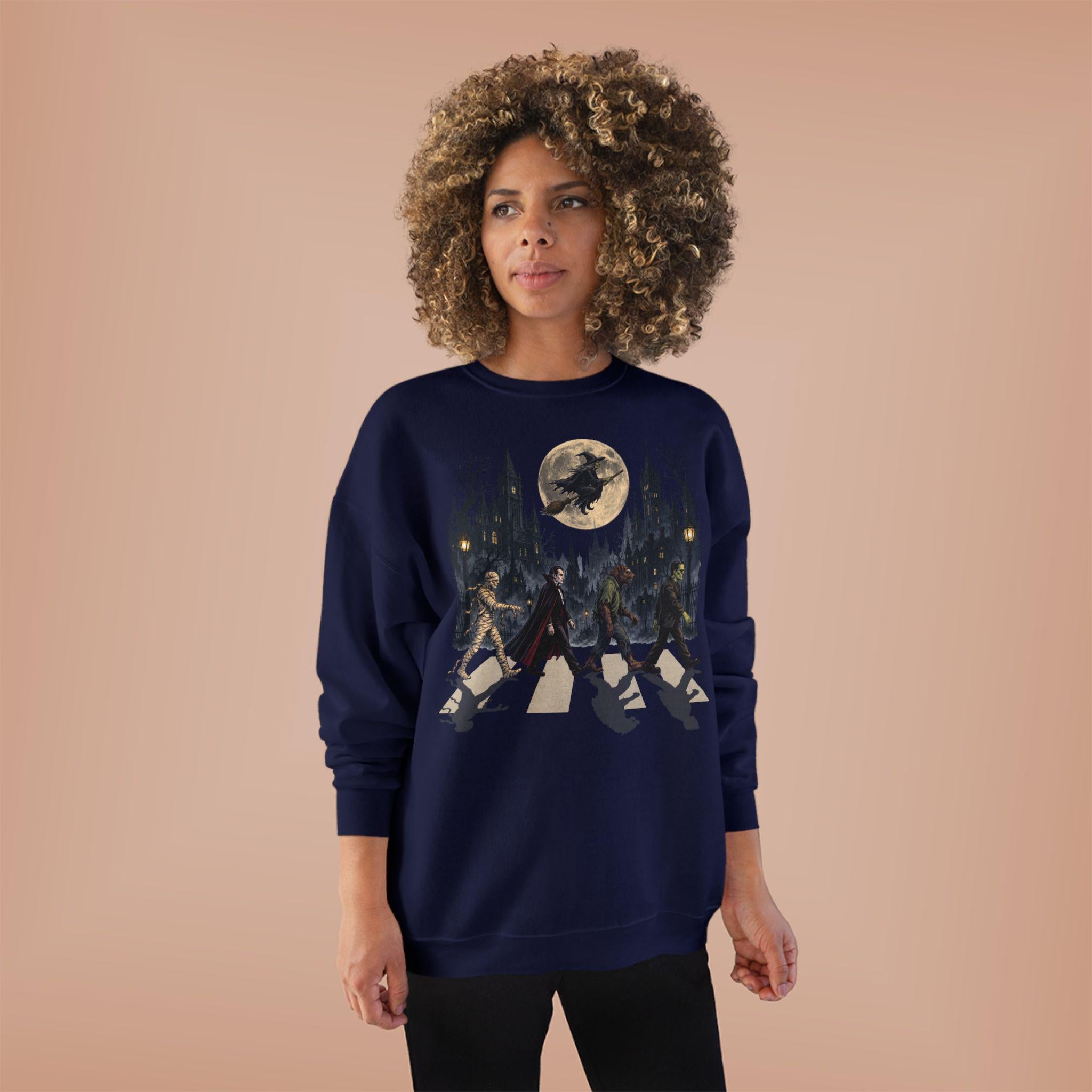 Halloween Monsters Abbey Crossing Crewneck Sweatshirt | Moonlit Cemetery Scene