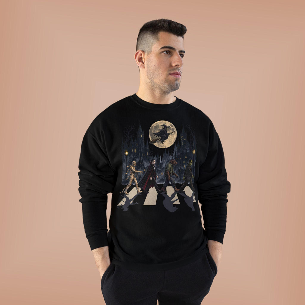 Halloween Monsters Abbey Crossing Crewneck Sweatshirt | Moonlit Cemetery Scene