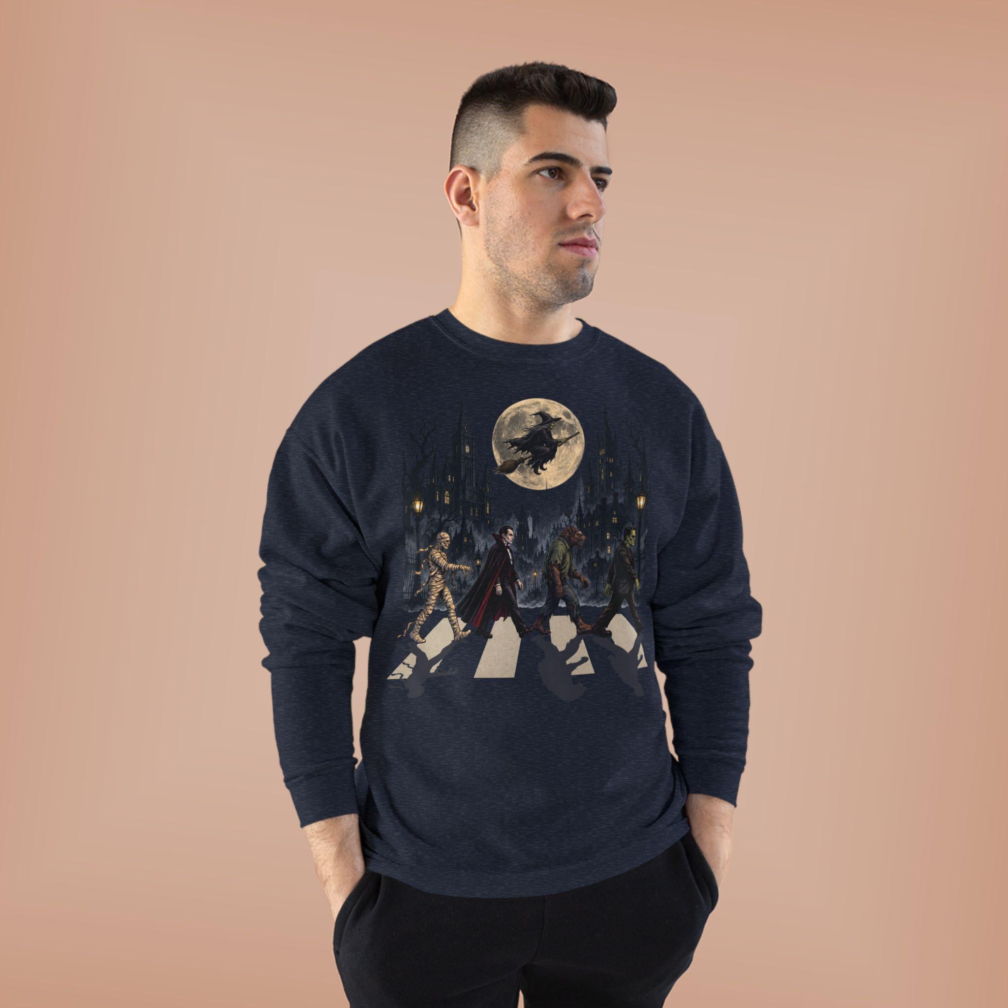 Halloween Monsters Abbey Crossing Crewneck Sweatshirt | Moonlit Cemetery Scene