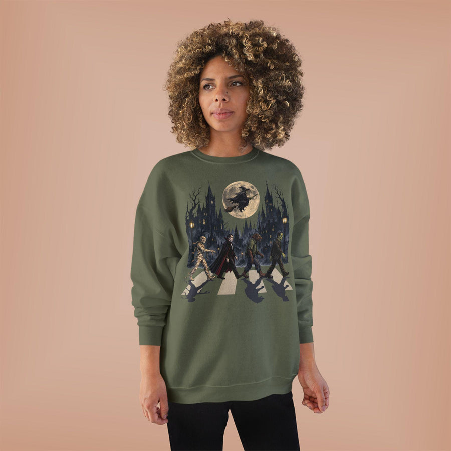 Halloween Monsters Abbey Crossing Crewneck Sweatshirt | Moonlit Cemetery Scene