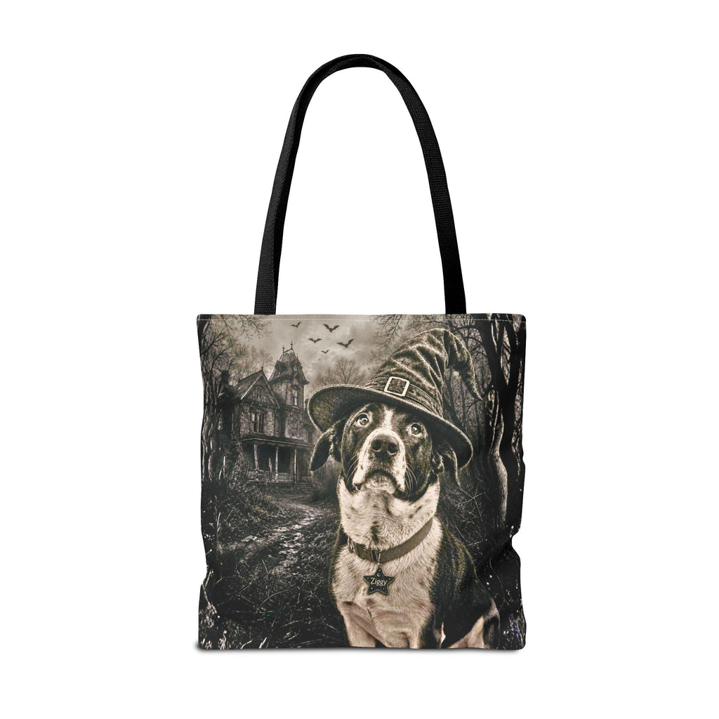 Custom Witch Dog Haunted House Tote Bag | Vintage Halloween Personalized Dog Illustration