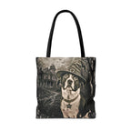 Custom Witch Dog Haunted House Tote Bag | Vintage Halloween Personalized Dog Illustration