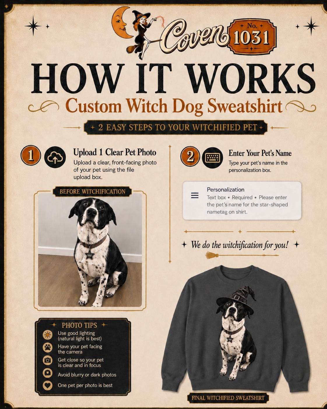 Custom Pet in Witch Hat Sweatshirt | Halloween Dog Crewneck