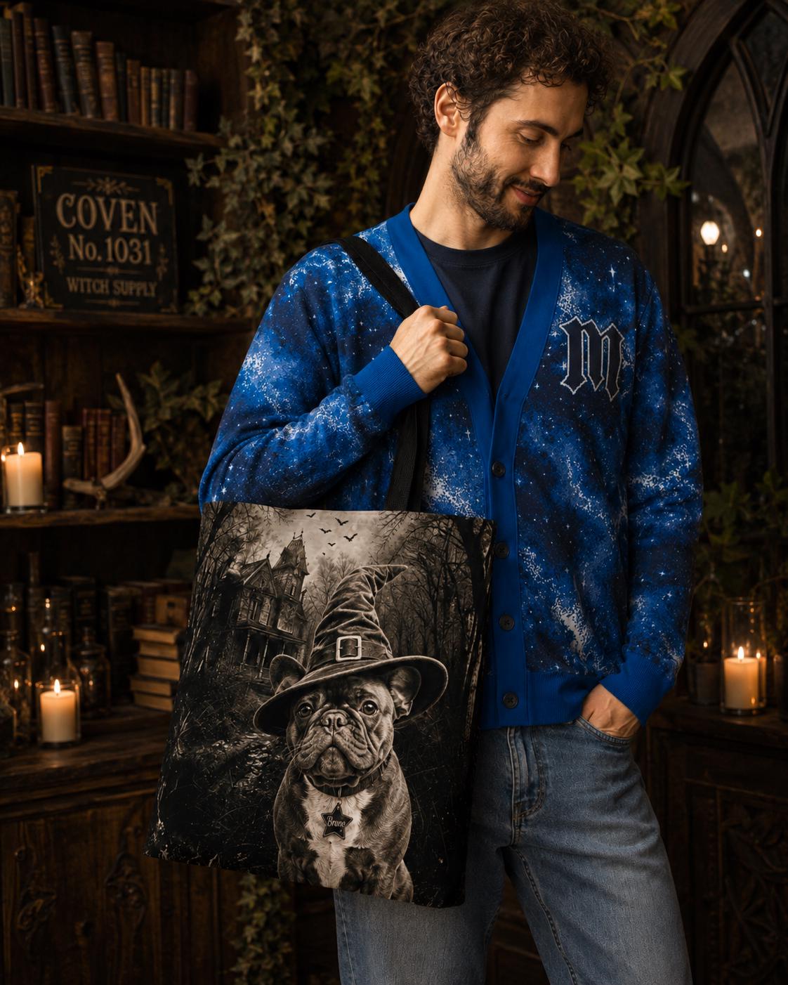 Custom Witch Dog Haunted House Tote Bag | Vintage Halloween Personalized Dog Illustration
