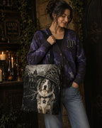 Custom Witch Dog Haunted House Tote Bag | Vintage Halloween Personalized Dog Illustration