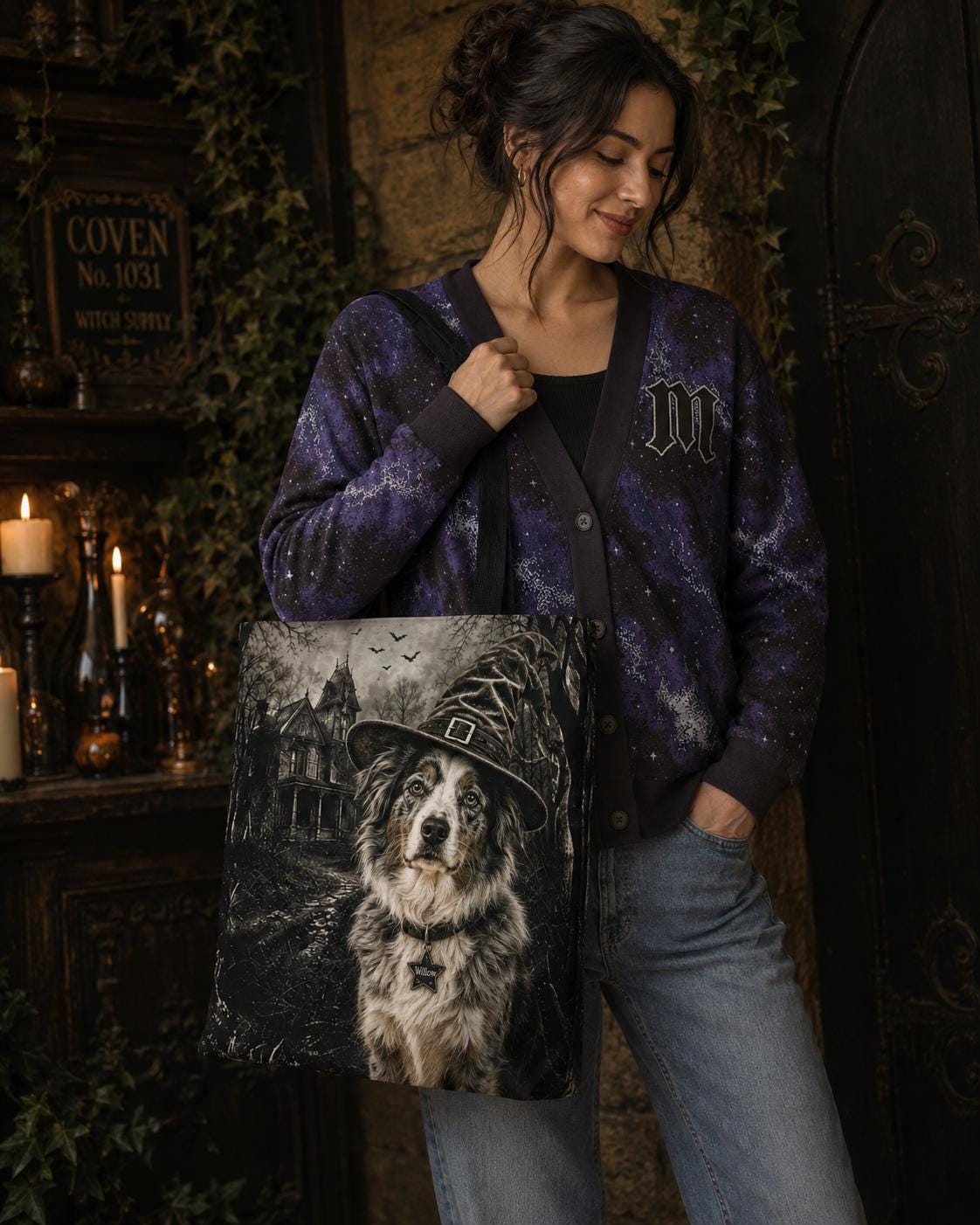 Custom Witch Dog Haunted House Tote Bag | Vintage Halloween Personalized Dog Illustration