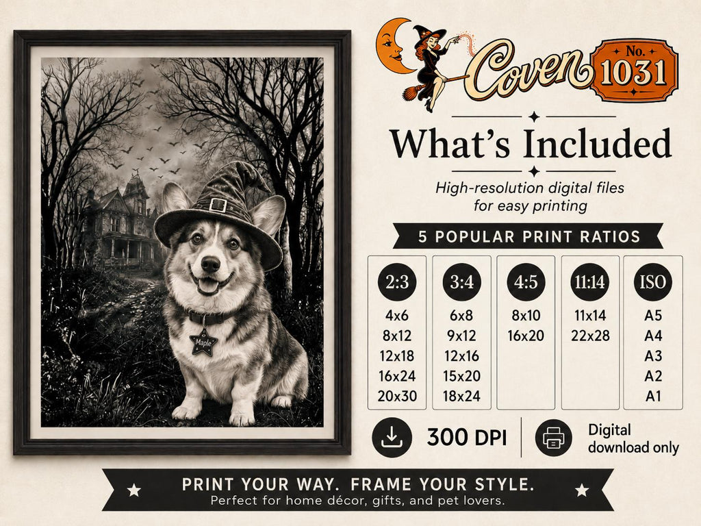 Custom Dog Witch Portrait, Personalized Halloween Pet Poster (Digital Download)