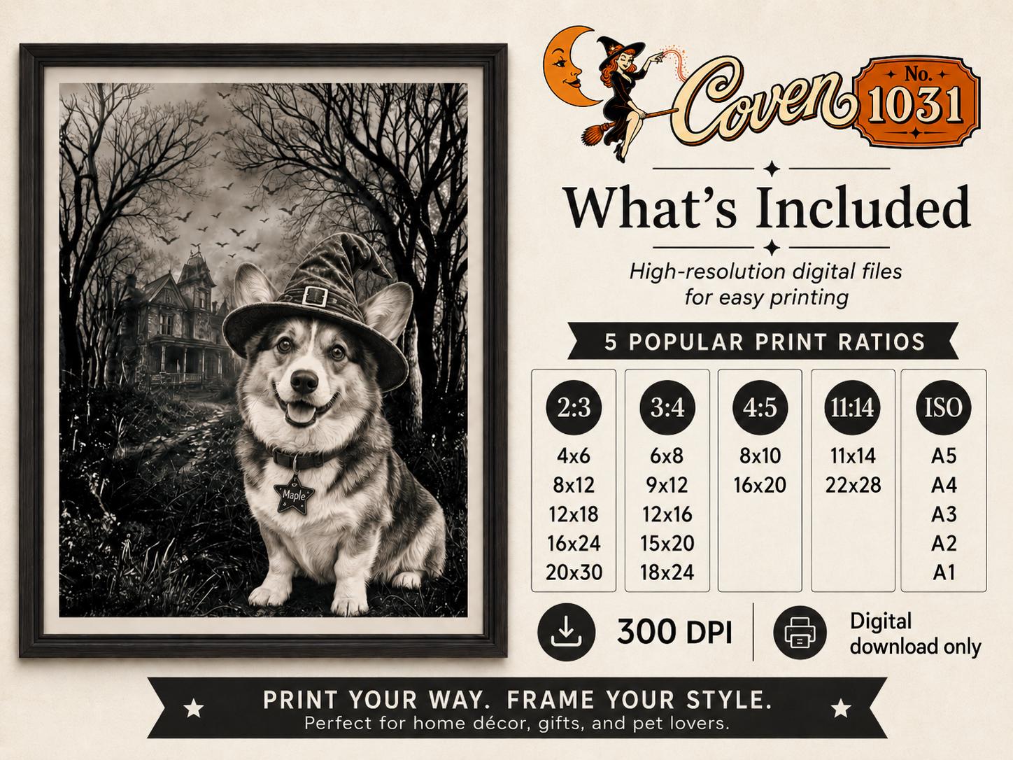 Custom Dog Witch Portrait, Personalized Halloween Pet Poster (Digital Download)