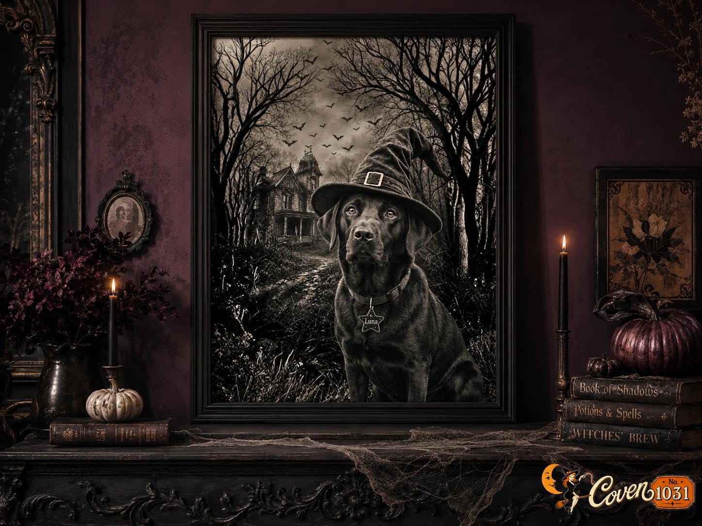 Custom Dog Witch Portrait, Personalized Halloween Pet Poster (Digital Download)