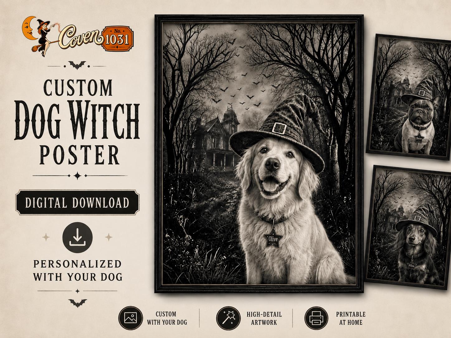 Custom Dog Witch Portrait, Personalized Halloween Pet Poster (Digital Download)