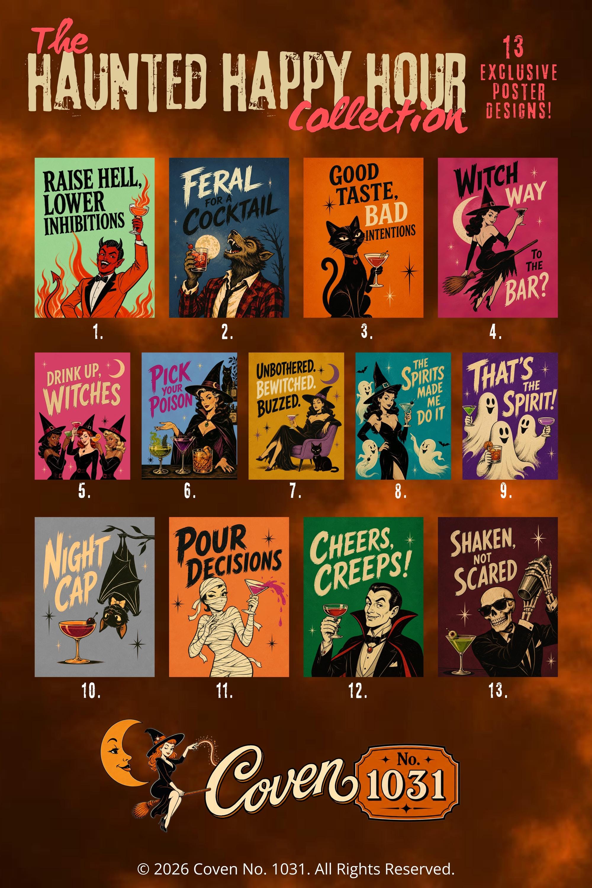 13 Printable Halloween Posters, Vintage Cocktail Wall Art Bundle, Retro Bar Decor, Instant Download