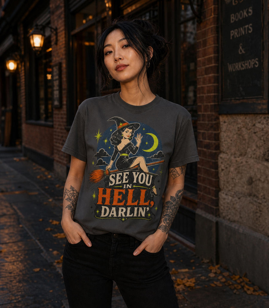 Funny Witch Shirt, See You in Hell Darlin Tee, Retro Halloween Graphic, Vintage Pinup Witch Shirt, Comfort Colors Spooky Season Tee