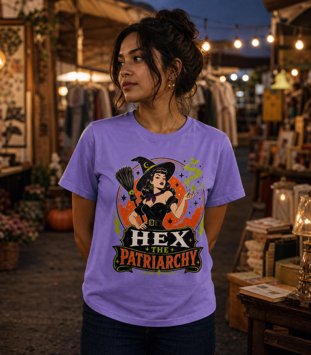 Hex the Patriarchy Witch T-Shirt | Feminist Retro Witch Graphic Tee