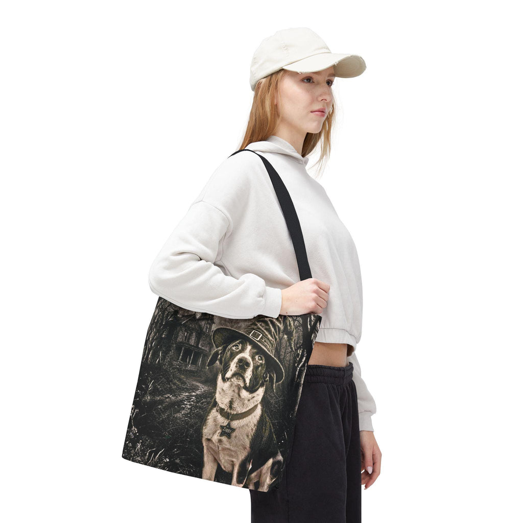 Custom Witch Dog Haunted House Tote Bag | Vintage Halloween Personalized Dog Illustration