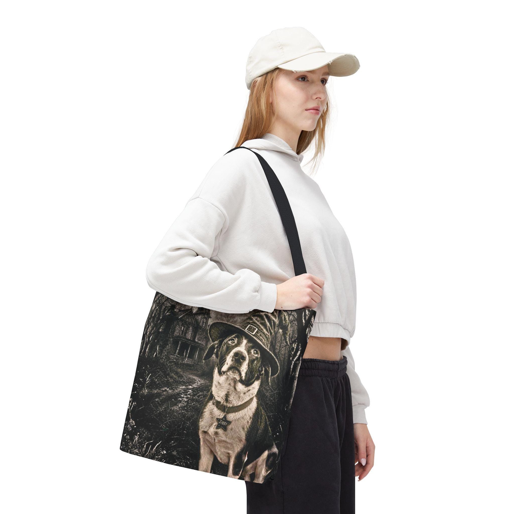 Custom Witch Dog Haunted House Tote Bag | Vintage Halloween Personalized Dog Illustration