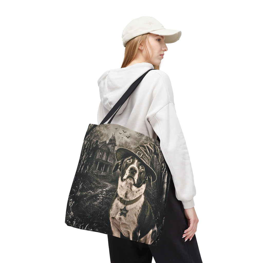 Custom Witch Dog Haunted House Tote Bag | Vintage Halloween Personalized Dog Illustration