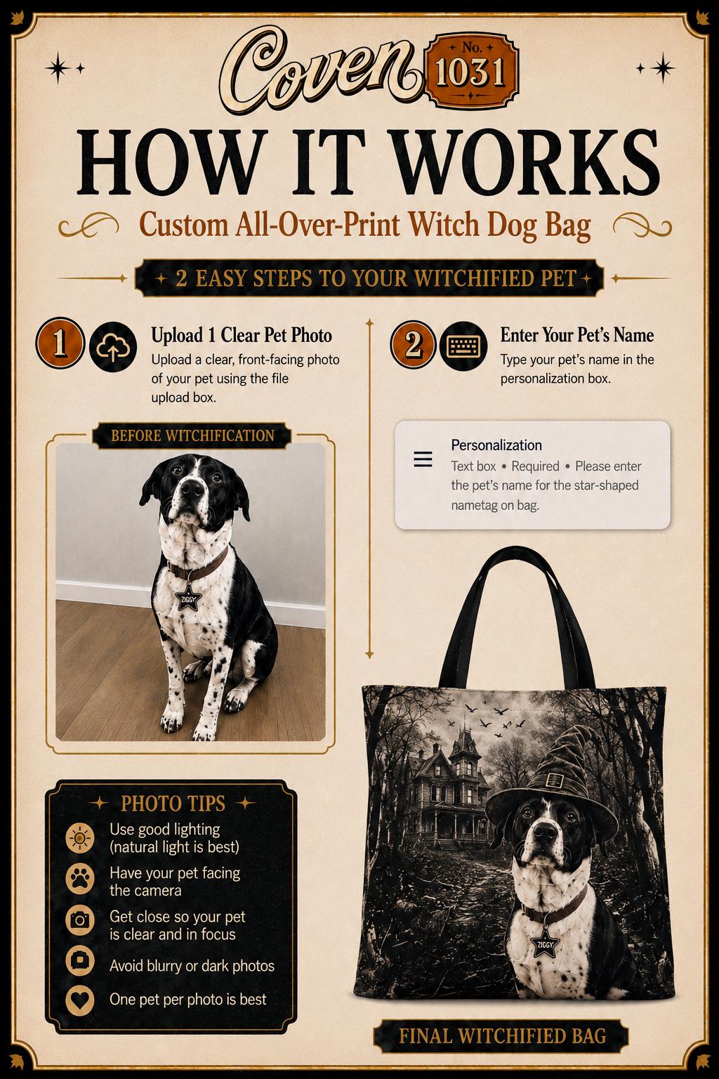Custom Witch Dog Haunted House Tote Bag | Vintage Halloween Personalized Dog Illustration