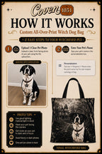 Custom Witch Dog Haunted House Tote Bag | Vintage Halloween Personalized Dog Illustration