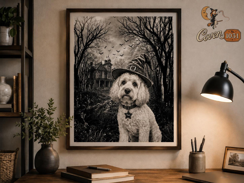 Custom Dog Witch Portrait, Personalized Halloween Pet Poster (Digital Download)