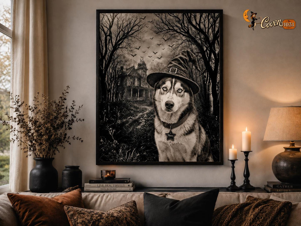 Custom Dog Witch Portrait, Personalized Halloween Pet Poster (Digital Download)
